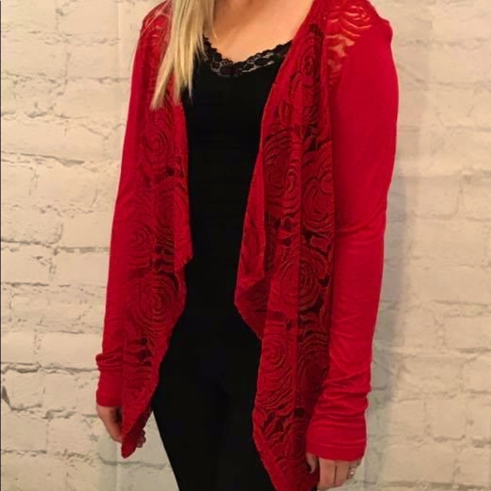 Brand new red lace cardigan, The back is closed material only the front has lace